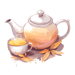 古风插画高清PNG素材-茶壶和带叶子的杯子