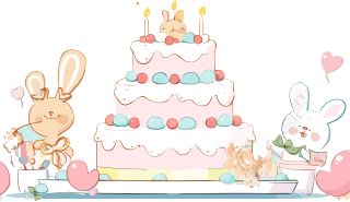 卡通小动物粉色蛋糕生日贺卡PNG元素