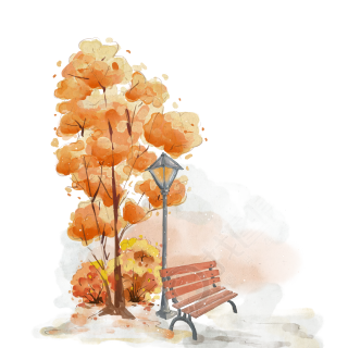 手绘水彩风秋天公园休息椅和大树插画素材