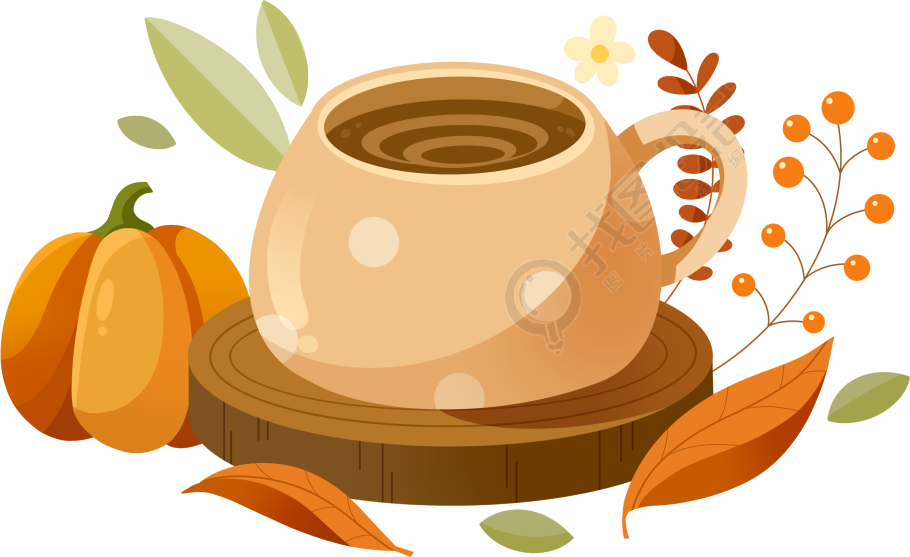 手绘秋天里的一杯热咖啡插画元素