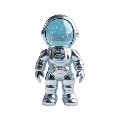透明背景3D全息风格的银黑色和淡蓝色太空人模型