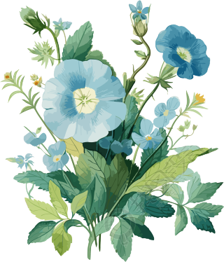 美国图标风格的蓝色和绿色花卉植物插画元素