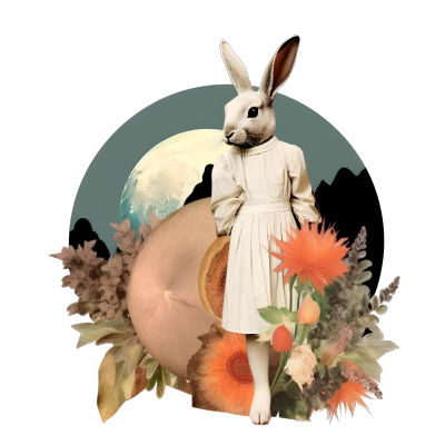 复古风格白底透明背景的兔子裙子月亮植物拼贴艺术元素