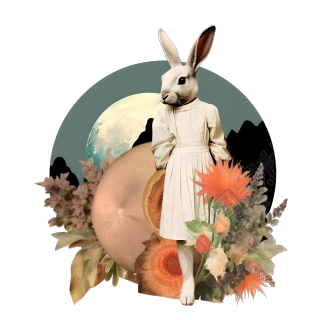 复古风格白底透明背景的兔子裙子月亮植物拼贴艺术元素