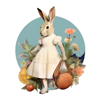 兔子穿裙子的月亮与植物拼贴艺术元素