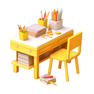 黄白色桌子与书籍学用品插画