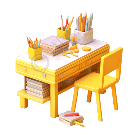 黄白色桌子与书籍学用品插画