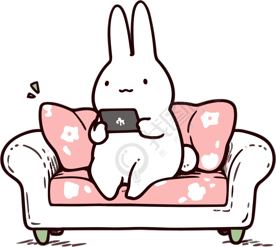 手绘动画：可爱的小兔子在沙发上玩平板电脑