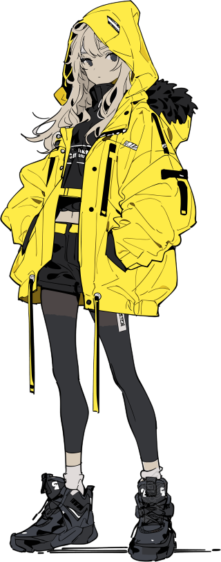 黄色夹克和黑鞋的卡通女孩插画