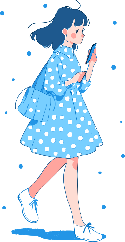简洁迷人的蓝色波点连衣裙卡通女孩插画设计