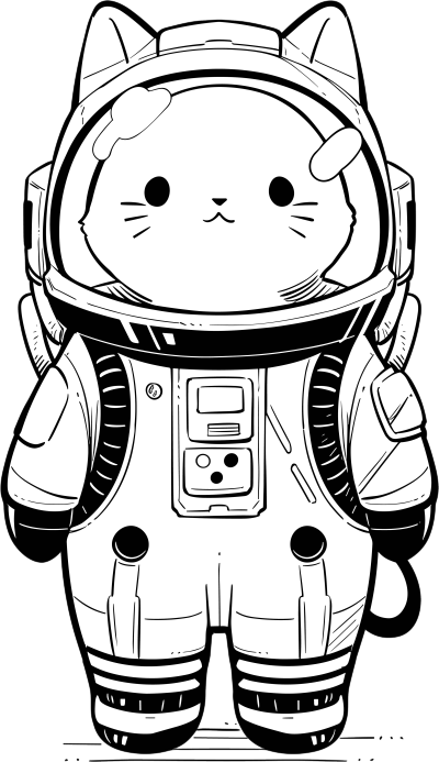 超可爱的猫咪穿着太空服黑白线条插画