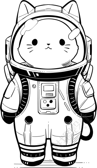超可爱的猫咪穿着太空服黑白线条插画