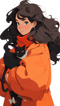 橘色外套的女子与黑猫插画