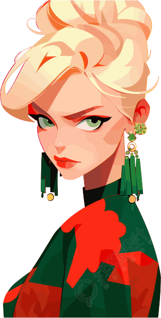 红绿风格时尚插画：绿耳环的金发女郎元素