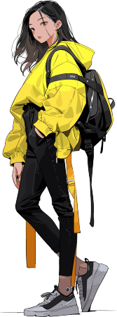 图形素材黄色夹克和黑色鞋的卡通女孩插画
