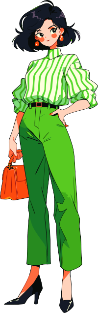 绿色条纹裤白上衣的卡通女孩