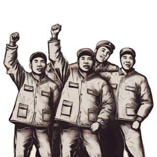 星星工艺美术团：五位举起手臂的共产主义革命支持者素材