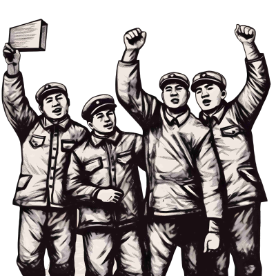 明星艺术团（星星）：五名举起手臂的共产主义革命支持者素材
