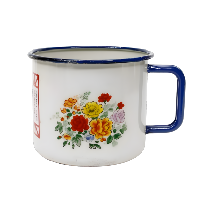 花朵和汉字搪瓷咖啡杯插画