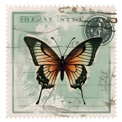 白色背景上的蝴蝶复古邮戳插画