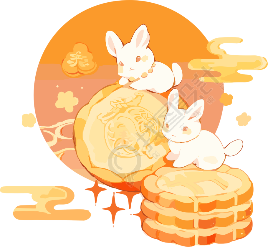 两只小白兔与两个月饼的PNG图形素材