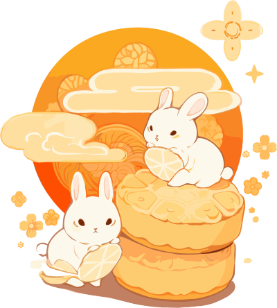 两只小白兔与中间的两块月饼素材