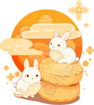 两只小白兔与中间的两块月饼素材