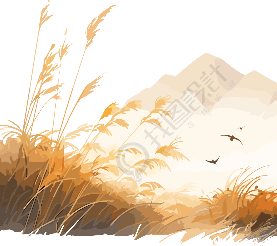 西周时期风格的山上金黄草地水彩画，带有鸟和猛禽