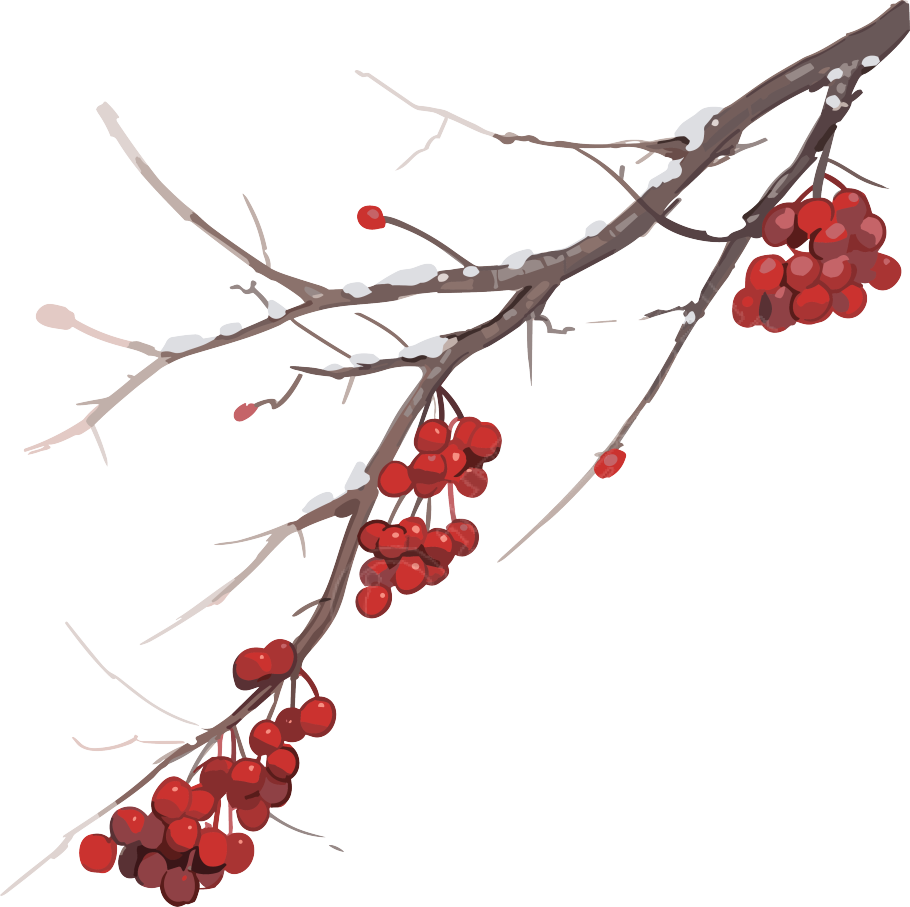 水墨红色浆果枝条绘画
