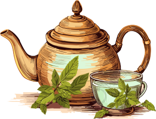 带薄荷叶和茶壶的木质茶壶金色时代插画