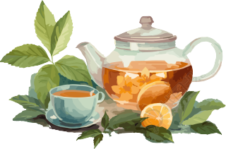 茶叶上的一壶茶和勺子动画插画