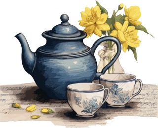精美的蓝色茶壶白色茶杯插画设计