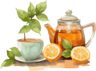 动态插画设计：茶叶上的茶壶与勺子素材