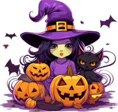 万圣节小巫婆和猫的紫色橙色动画GIF图形素材