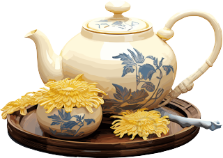 画满花卉的茶壶插画元素