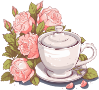 带有茶壶杯子叶子和花朵插画