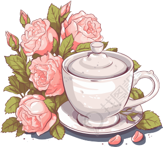 带有茶壶杯子叶子和花朵插画
