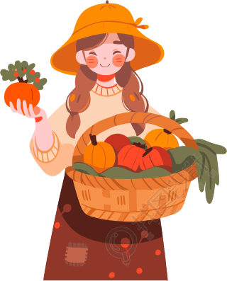 动态GIF图形素材：少女携带装满蔬菜的篮子，戴着帽子素材