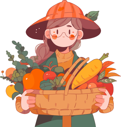 橘色与褐红色风格的动画小女孩背着装满蔬菜的篮子，手持帽子素材