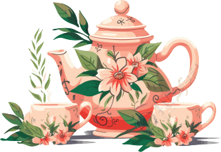热带符号主义风格的花纹茶具和杯子PNG图形设计素材