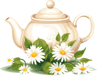 白色带雏菊花的茶壶插画元素