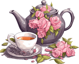 粉灰色茶具和花的插画设计