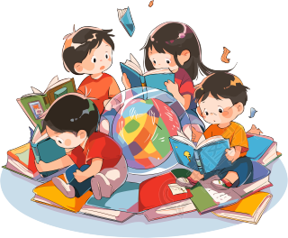 漫画艺术风格的中国孩子在角落里读书