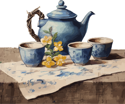 三个蓝色茶杯和茶壶在棕色布料上插画素材