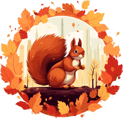 透明背景秋季落叶环绕的松鼠插画