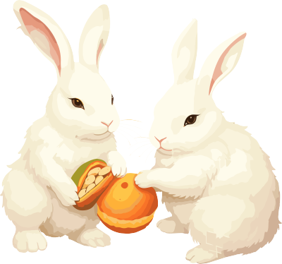 中秋节两只白兔手拿食物插画