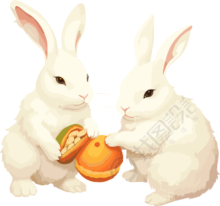 中秋节两只白兔手拿食物插画