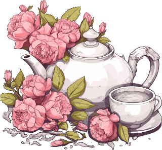 粉灰色风格的茶壶和几个杯子叶子和花朵插画