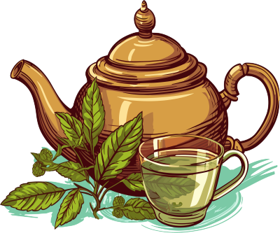 木质茶壶与薄荷叶茶壶元素