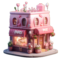 充满艺术家气息的3D粉色木屋插画